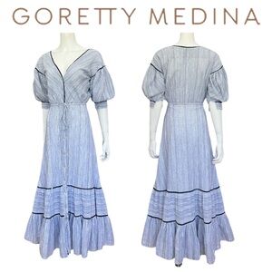 Goretty Medina Tiered maxi dress size XS pinstripes textured linen white blue